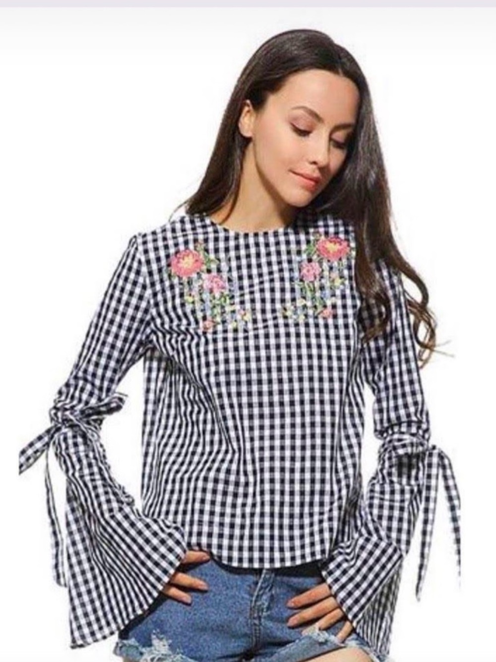 Black White Gingham Top with Floral Embroidery Bell Sleeves with Ties Cotton